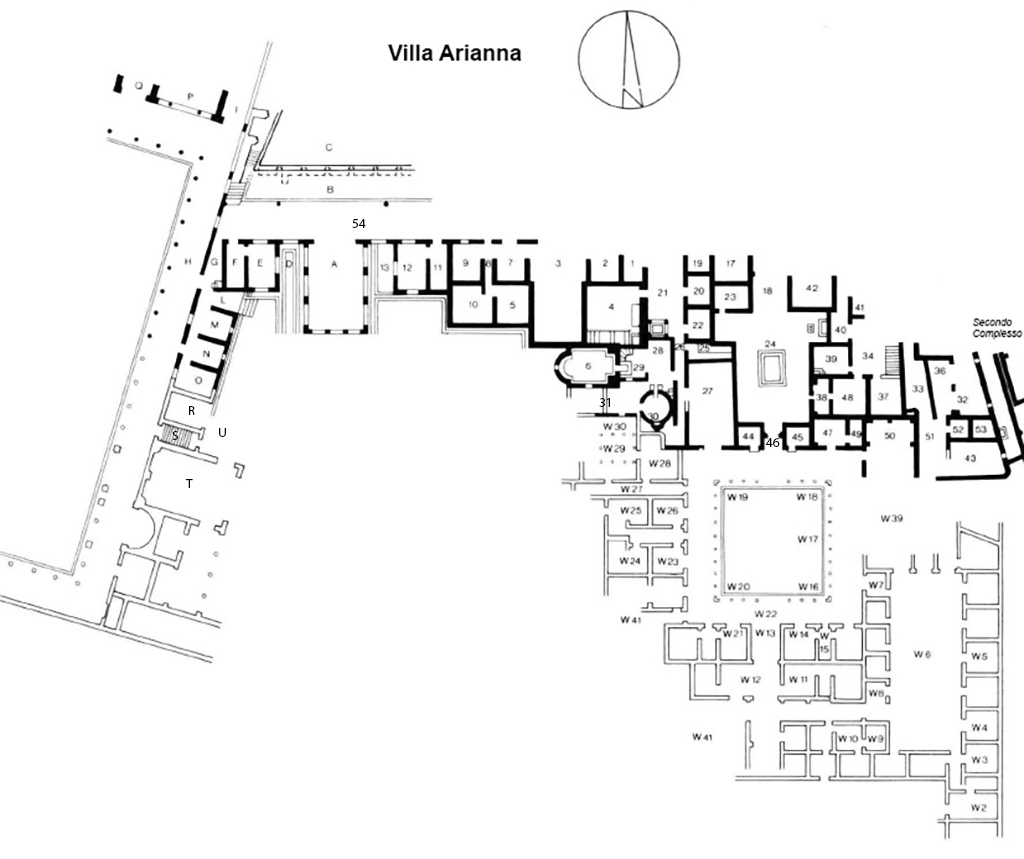 Stabiae, Villa Arianna. Plan after Kockel 1985 with corrections by Allroggen-Bedel A. and De Vos M.
See Kockel V., 1985. Funde und Forschungen in den Vesuvstadten 1: Archäologischer Anzeiger, Heft 3. 1985, Abb. 13.